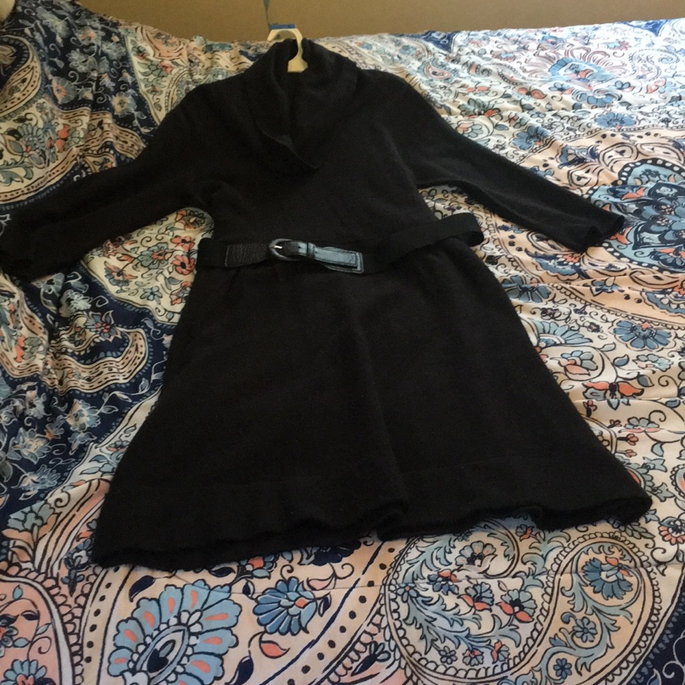 Plain black belted sweater dress